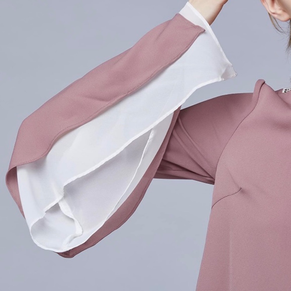 Crochet Lace Back Bell Sleeves Rose Chiffon Blouse - Picture 4 of 8